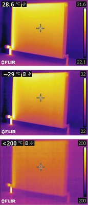 Wärmebildkamera Modell T440 mit den Temperaturmessbereichen 20 bis +120 °C 
(oben), 0 bis +650 °C (Mitte) und +250 bis + 1200 °C (unten). Alle 
anderen Einstellungen sind unverändert.

