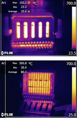 Aufnahme desselben Objektes mit verschiedenen Tempe-raturbereichen: 20 bis 
120 °C (oben) und 0 bis 650 °C (unten). Die Temperatur wird (Bild oben) 
mit einem Warn-hinweis (roter Kreis mit weißem Kreuz) angezeigt, da die- ser 
Messwert außerhalb des…
