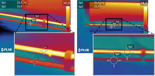 Zu- und Rücklaufleitungen von Heizkörpern in einem Großraumbüro. Das 
linke Bild wurde aus 1-Meter-Entfernung aufgenommen, der Messfleck ist 
ausgefüllt und die Temperaturmessung korrekt. Das rechte Bild wurde aus 
3-Meter-Entfernung aufgenommen, der…
