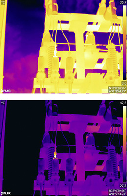 Wärmebild im automatischen Modus (oben) und im manuellen Modus (unten). Das 
angepasste Temperaturintervall erhöht den Kontrast im Bild und lässt die 
Fehlstelle deutlich werden.

