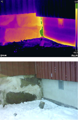 Grundmauer: Übergang zwischen dem alten (oben) und neueren (unten) Teil des 
Gebäudes. Die Isotherme verdeutlicht den Bereich der Luftleckage.

