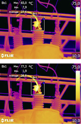 Ändern des Emissionsgrads am gespeicherten Bild. Die Maximaltemperatur 
beträgt im Bild oben 65,0 °C bei e = 0,95 und im Bild unten 77,3 °C 
bei e = 0,7.

