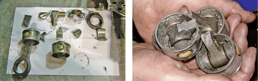 In den Bildern können wir das Ausmaß der Schäden sehen, die durch 
flüssiges Kältemittel im Verdichter“ verursacht werden. Im linken Bild 
sind zerstörte Pleuel und Kolben zu sehen. Im rechten Bild sehen wir drei 
gebrochene Pleuel aus einem Vierzylinder…