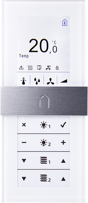 Das Touch-Raumbediengerät thanos dient zur Temperatur- und optionalen 
Feuchteerfassung sowie zur integrierten Bedienung von HLK, Beleuchtung und 
Jalousien.

