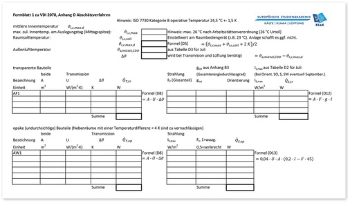 Bild 1: Formblatt zu VDI 2078, Anlage D (Abschätzverfahren)

