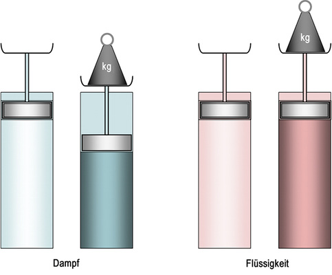 Bild 3: Bei diesem Beispiel ist der erste Zylinder mit Dampf gefüllt. Wenn 
dann Kraft ausgeübt wird (in diesem Fall durch Auflegen von Gewicht), sieht 
man, dass sich der Kolben nach unten bewegt und den Dampf komprimiert. Der 
zweite Zylinder ist mit…