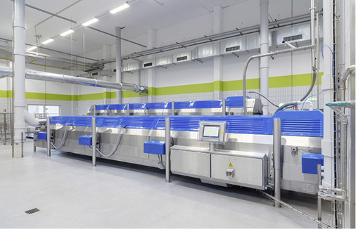 Zwei patentierte kryogene Mehrzweckfroster mit je 11 m Tunnellänge sind 
Bestandteil des Konzepts von Amidori. Ein Großteil der Produktion gelangt 
gefrostet zum Kunden.


