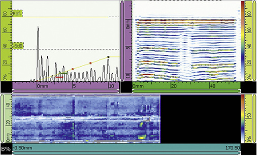 Bild 5: Screenshot vom Auswertegerät. Unten ist die Abwicklung der gesamten 
Lötverbindung dargestellt. Die blaue Fläche weist eine gute Qualität der 
Lötverbindung aus. Oben sind weitere Darstellungen der Echos für eine 
detaillierte Analyse…