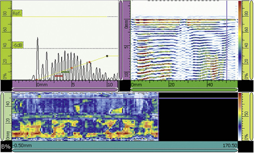 Bild 6: Hier ist das Bild einer Lötverbindung mit Füllfehler zu sehen. Die 
gelben und roten Bereiche weisen auf Spalte zwischen Rohr und Muffe hin, die 
nicht mit Lot angefüllt sind. Da das Lot bei Prüfungsbedingungen von unten 
nach oben fließen muss,…