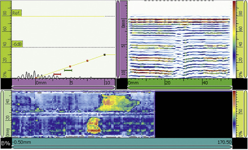 Bild 7: Dieses Bild stellt einen Durchflussfehler dar. Die schlechten 
Bereiche verlaufen durchgehend von unten nach oben. Wahrscheinlich war diese 
Stelle beim Löten hinten. Diese Bereiche sind naturgemäß schwieriger zu 
erreichen und wurden…