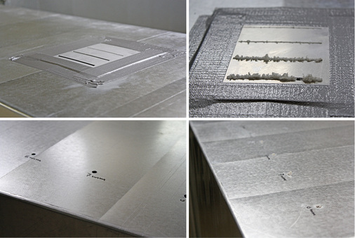 
Der Kanal enthält zu Beginn künstlich eingebaute Leckagestellen und 
Bohrlöcher unterschiedlicher Größen, die im Versuch nach und nach vom 
Dichtstoff verschlossen werden.

