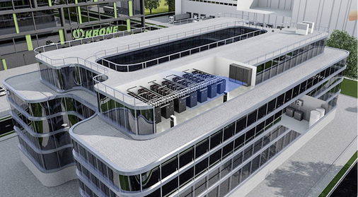 
Blick auf das Rechenzentrum (Bildmitte) und seine Kühltechnik sowie die 
Gasmotorwärmepumpen und Pufferspeicher (rechts).

