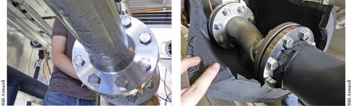 Während bei der Mineralfaserdämmung gerade im Bereich von Armaturen 
Wasserdampf eingedrungen ist (Bild links), sind unter der FEF-Dämmung (Bild 
rechts) auch diese Bereiche trocken geblieben.

