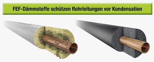 
FEF-Dämmstoffe (rechts) schützen Rohrleitungen vor Kondensation.

 - © Armacell


