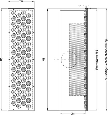 
Die Quelldurchlässe Induquell DIV sind mit Dekorblechabdeckung und 
dahinterliegender aktiver Frontplatte mit eingesetzten kreisrunden 
Luftführungselementen ausgeführt.

