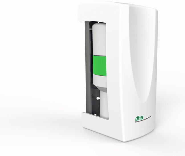 Der formschöne, ca. 15 cm hohe Dispenser fügt sich unauffällig in sanitäre Anlagen ein.