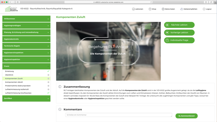 Die Oberfläche der Online-Schulungsplattform und die Kursinhalte sind klar strukturiert gestaltet. Unten auf der Seite besteht immer die Möglichkeit, einen Kommentar abzugeben oder eine Frage zu stellen.