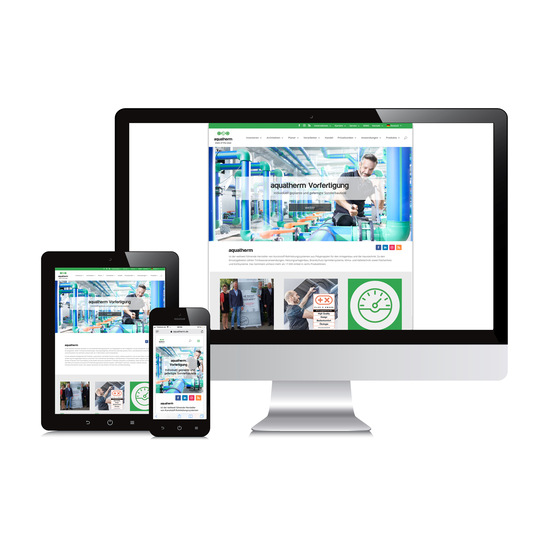 Auf Computer-Monitor, Tablet und Smartphone erreicht der neue Internetauftritt von Aquatherm eine gleichbleibende Benutzerfreundlichkeit.