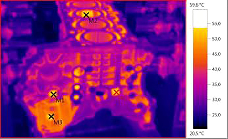 Aufnahme mit Wärmebildkamera von einem Kurbelgehäuse eines Vierzylinder-Motors