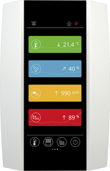 All-in-one-Raumbediengeräte wie das Novos Touch dienen zum Erfassen verschiedener Messwerte wie CO2, VOC, Temperatur und relative Luftfeuchte.