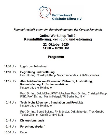 Im zweiten Teil des Online-Workshops zur „Raumlufttechnik unter den Randbedingungen der Corona-Pandemie“ geht es um die Raumluftfilterung, -reinigung und -strömung.