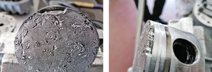 Zerstörter Kolben – Ursache: gebrochenes Saugventil