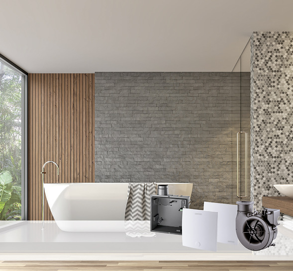 In mehrgeschossigen Gebäuden leitet das Entlüftungssystem Zewo ER EC feuchte und verbrauchte Luft aus fensterlosen Innenräumen ab.