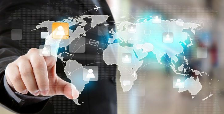 Social Network concept : Business man  point to social network and world map