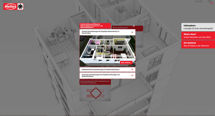 Die „Heliosphere“ präsentiert dem Nutzer, neben Neuheiten und Innovationen, verschiedene praxisorientierte Anwendungsfälle der Helios Lüftungssysteme.