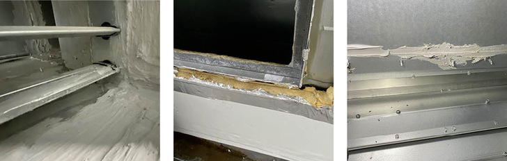 Nur einige der Gründe, warum die Leckageraten von Luftleitungssystemen fast europaweit bei durchschnittlich 15 Prozent und mehr liegen (v. li.): 
 „großzügig“ aufgetragene Dichtmasse, schlecht ausgeführte Isolierung, mangelhaft abgedichtete Schraubenlöcher und Nieten.