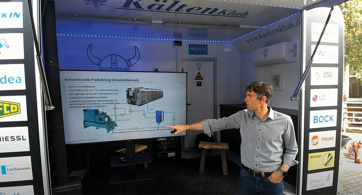 Sigurd Schiller vom Vertrieb HVAC bei Johnson Controls präsentiert am PINK-Anhänger seinen Vortrag. PS: Danach wurde gegrillt.