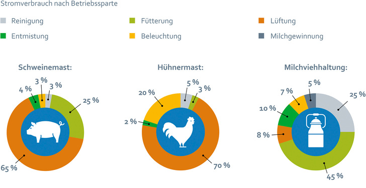 Der Stromverbrauch landwirtschaftlicher Betriebe kann je nach Betriebssparte enorm sein und fällt für sehr unterschiedliche Verbraucher an (Quellen: Landwirtschaftskammer Österreich, agrar heute, Destatis, Zeit Online).
