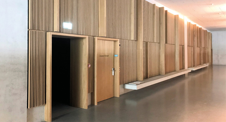 Luft-Überströmelemente Indusilent sind eine Lösung für architektonisch anspruchsvoll gestaltete Gebäude – an der FHNW Muttenz sind sie optisch unauffällig in die Holzlamellen integriert.