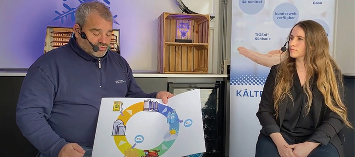 Gebietsverkaufsleiter Markus Dreier und Marketing Managerin Julia Burger im Gespräch auf dem Hänger.