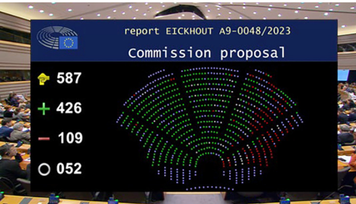 Abstimmungs­ergebnis im EU-Parlament zur Novellierung der F-Gase-Verordnung - © Bild: VDKF / Livestream des EU-Parlaments
