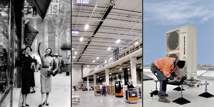 Infrarot-Hellstrahler von Schwank machten in den 40er Jahren das Einkaufen in Paris zum Erlebnis (li.). Einen regelrechten Boom erlebte die Infrarotheizung Mitte der 1990er Jahren mit der Weiterentwicklung zum Dunkelstrahler (Mitte). Mit effizienten Wärmepumpen entwickelte sich Schwank Anfang der 2020er Jahren zum ganzheitlichen Anbieter für Hallenwärme und -kälte (re).