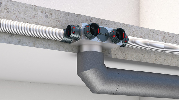 Mit einem deckenintegrierten Verteilelement FRS-VE entfällt das komplizierte Ein- und Ausfädeln der einzelnen Lüftungsrohre aus der Decke.