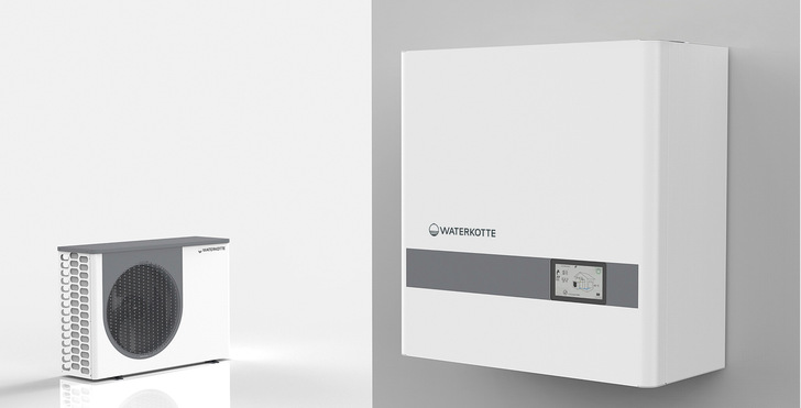 Die Wärmepumpe Basic Line Air Bloc – links das Außengerät, rechts das Innengerät - eignet sich auch wegen ihres Kältemittels R290 für die Heizungs­modernisierung in Ein- und Zweifamilienhäusern.