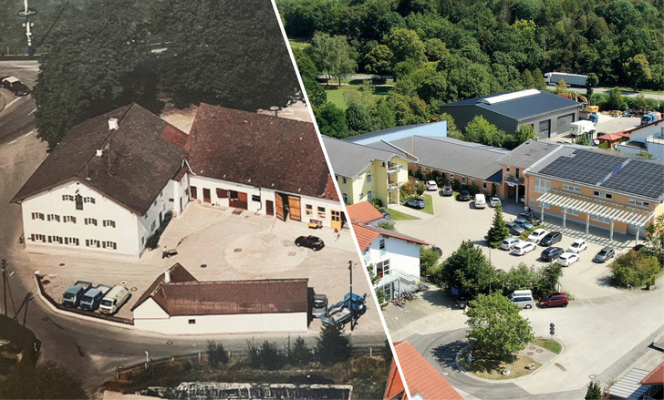 Die rechte Abbildung zeigt die aktuellen Meltem-Firmengebäude in Alling, links ist der Gründungsstandort in Gilching zu sehen.
