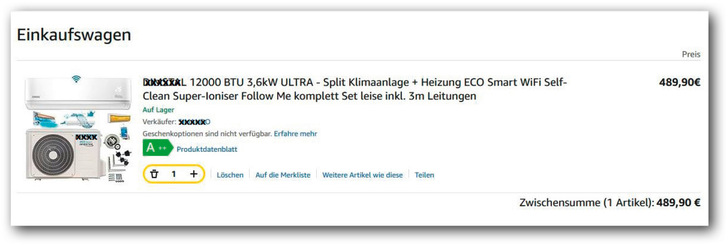 Bei einigen großen Online-Händlern lassen sich vorgefüllte Split-Klimaanlagen problemlos und ohne deutliche Hinweise in den Warenkorb legen.