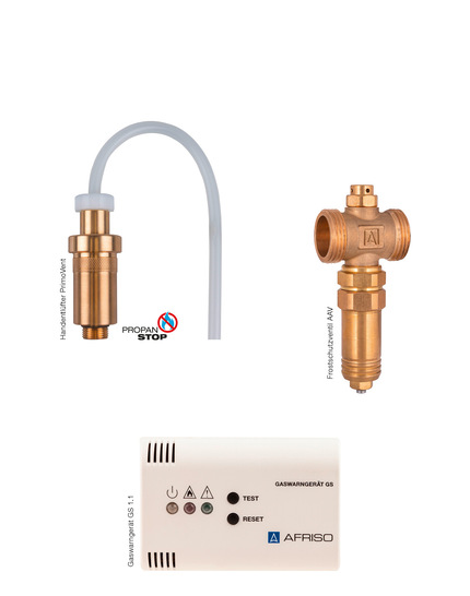 Damit lassen sich Monoblock-Wärmepumpen gegen mögliche Gefahren durch Stromausfall und Frost absichern: Frostschutzventil (li. oben), Handschnellentlüfter (re.) und Gaswarngerät (unten).