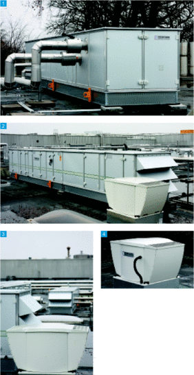 1 In wetterfesten Gehäusen, vollständig vormontiert, kamen die Zentrallüftungsgeräte GEA CAIR zu Artland auf die Baustelle.
2 Eingespieltes Team: Das GEA-Zuluftgerät und der Ablüfter im Vordergrund werden beide von der Regelung gesteuert, die in dem großen Lüftungs­gerät eingebaut ist.
3 Mal längs, mal quer: Die Aufstellung der Lüftungsgeräte erfolgte abhängig von der Hallenstatik.
4 Dezenter Betrieb erwünscht: Wenige Meter vom Fabrikgelände wohnen Menschen, daher sind Zu- und Abluftgeräte besonders leise ausgelegt.