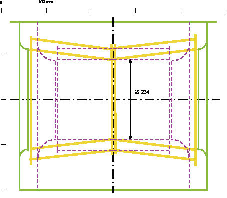 Bild 1: Axialschnitt des Standard-Laufrades im alten Gehäuse (cyan gestrichelt) und des neuen DiaboloLaufrades goldgelb im neuen breiten Gehäuse hellgrün