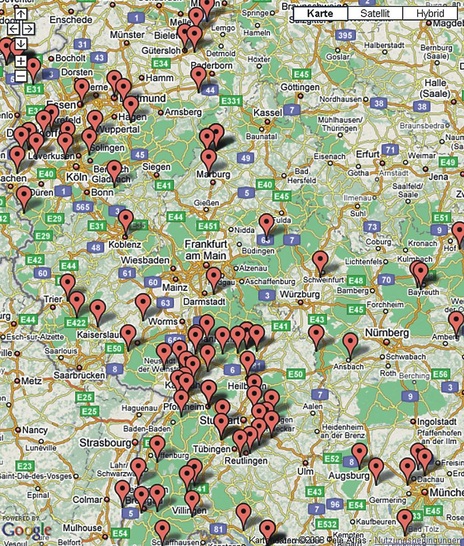 Die Karte zeigt die Verteilung der Wärmepumpenanlagen beim Feldtest des ISE