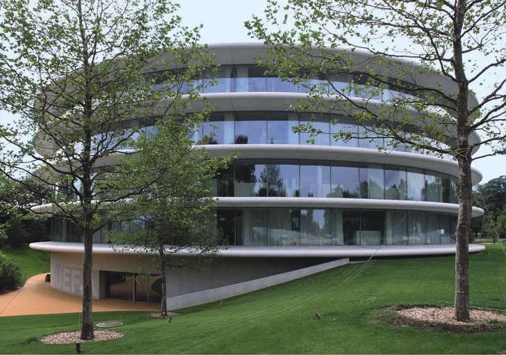 Das neue Verwaltungsgebäude des Europäischen Fußballverbands (UEFA) in Nyon am Genfer See. Der Sonnenschutz besteht aus Betonfertigteilen, deren Tiefe in Abhängigkeit von der Himmelsrichtung zwischen 1,80 und 3,00 m variiert