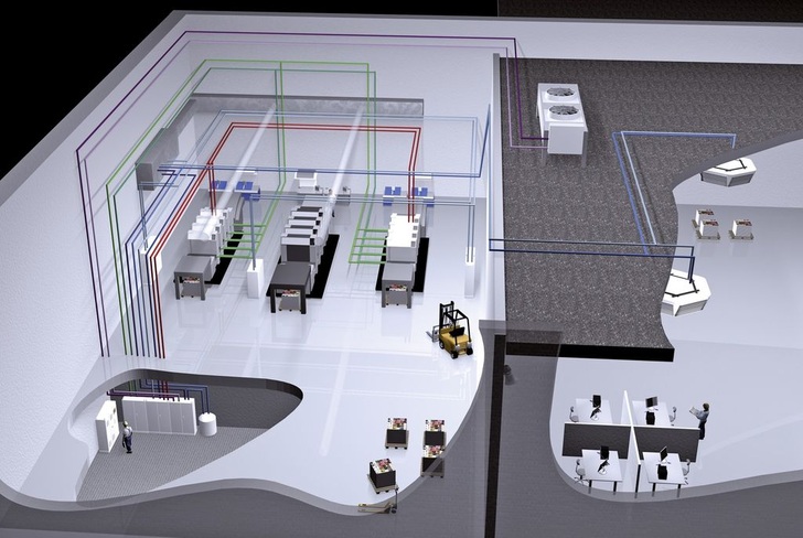 Installation eines EPMS-exclusive bei der Jost Druck AG in der Schweiz. Die Anlage steht platzsparend in einem ­Kellerraum und versorgt von hier drei Druckmaschinen im Drucksaal.