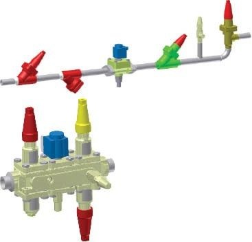 Vergleich konventionelle Ventile (oben) und ICF Ventilstation (unten)