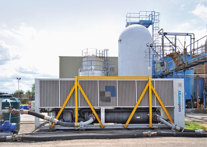 Mit einem Megawatt Leistung kühlt diese Mietkälteanlage zwei doppelwandige Tanks eines Chemieproduzenten. Das Langzeitmietprojekt lief über zwei Jahre, da eine Produktionssteigerung den ursprünglichen Kältebedarf erhöhte.