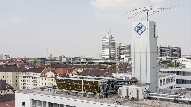 Die Rohde & Schwarz GmbH & Co. KG kühlt mehrere seiner Bürogebäude mit Kälteanlagen auf Ammoniak-Basis. Die zugehörigen Verflüssiger mit Axialventilatoren stehen auf dem Dach.