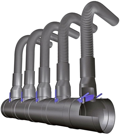 Ein zentraler Lüftungsverteiler kann bis zu sechs Auslässe haben. Die Regelung der Luftvolumenströme erfolgt stufenlos über aufsteckbare Rundrohrventile.